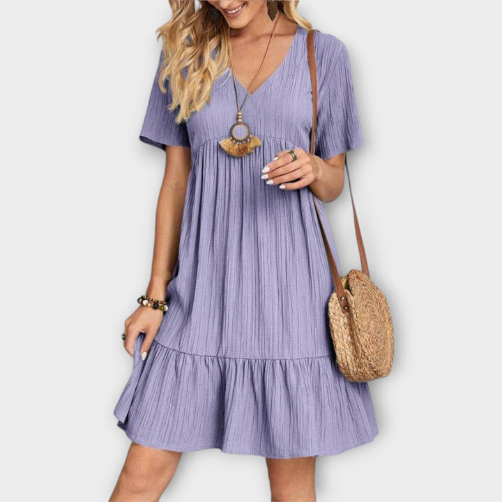 Καλοκαιρινό Φόρεμα Boho με Πιέτες και Κοντό Μανίκι