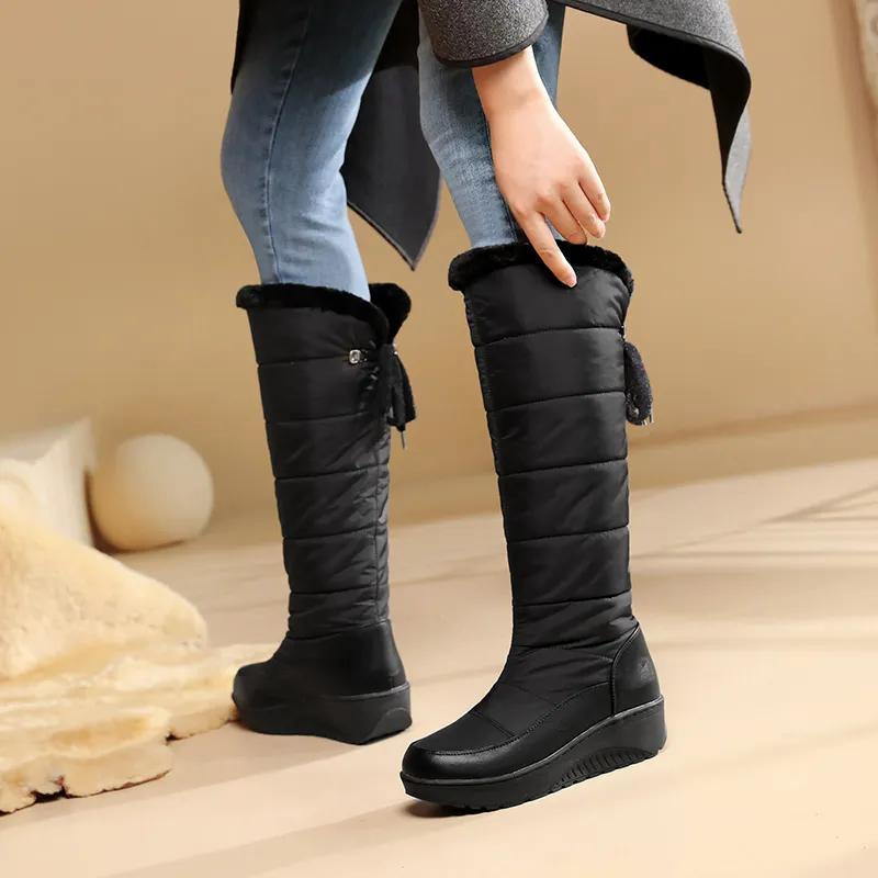 Women's casual fashion high boots lace-up winter snow boots with medium heel